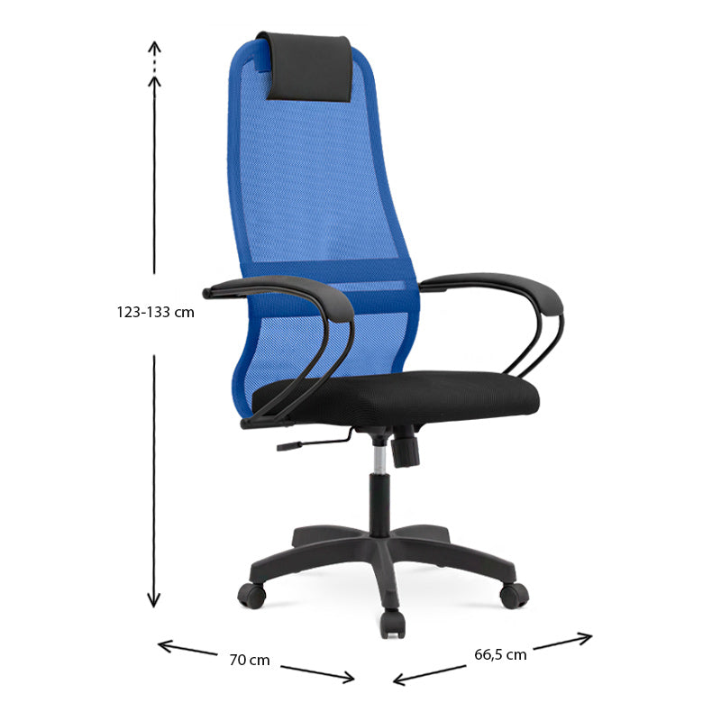 Office Chair SEMPRE in blue and black mesh fabric with ergonomic design and leather headrest, suitable for home and professional use.