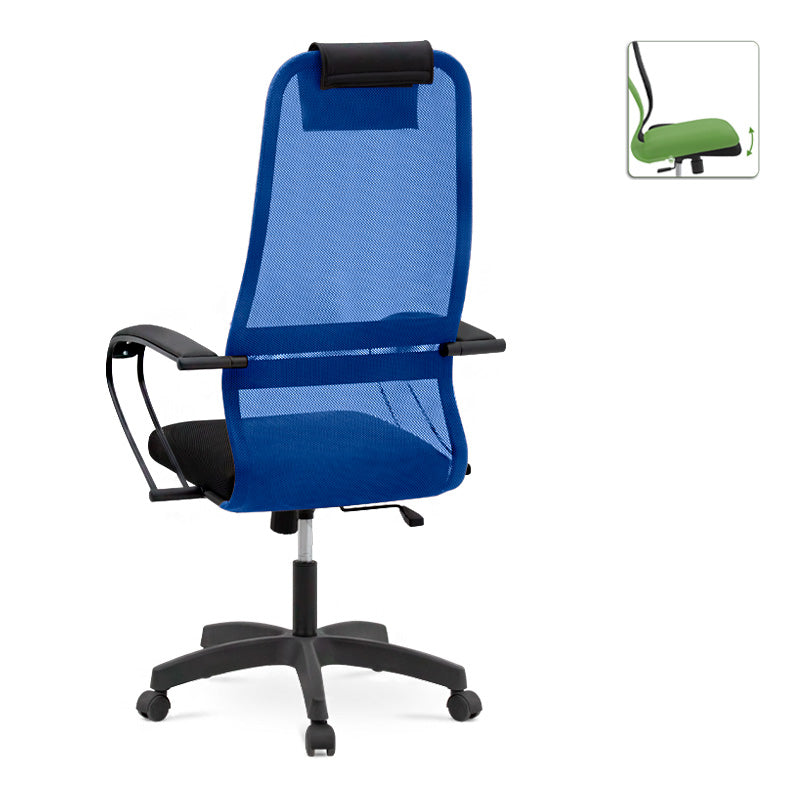 Office Chair SEMPRE in blue and black mesh fabric with ergonomic design and leather headrest, suitable for home and professional use.