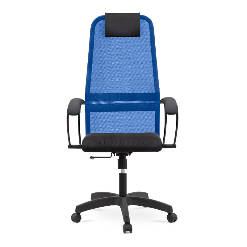 Office Chair SEMPRE in blue and black mesh fabric with ergonomic design and leather headrest, suitable for home and professional use.