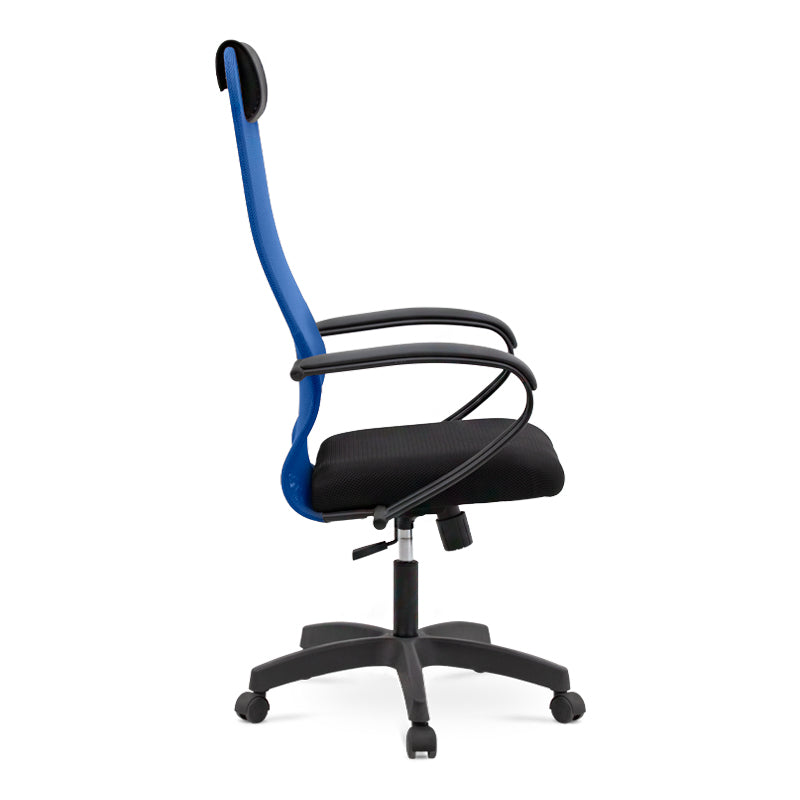 Office Chair SEMPRE in blue and black mesh fabric with ergonomic design and leather headrest, suitable for home and professional use.