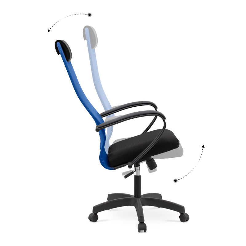 Office Chair SEMPRE in blue and black mesh fabric with ergonomic design and leather headrest, suitable for home and professional use.