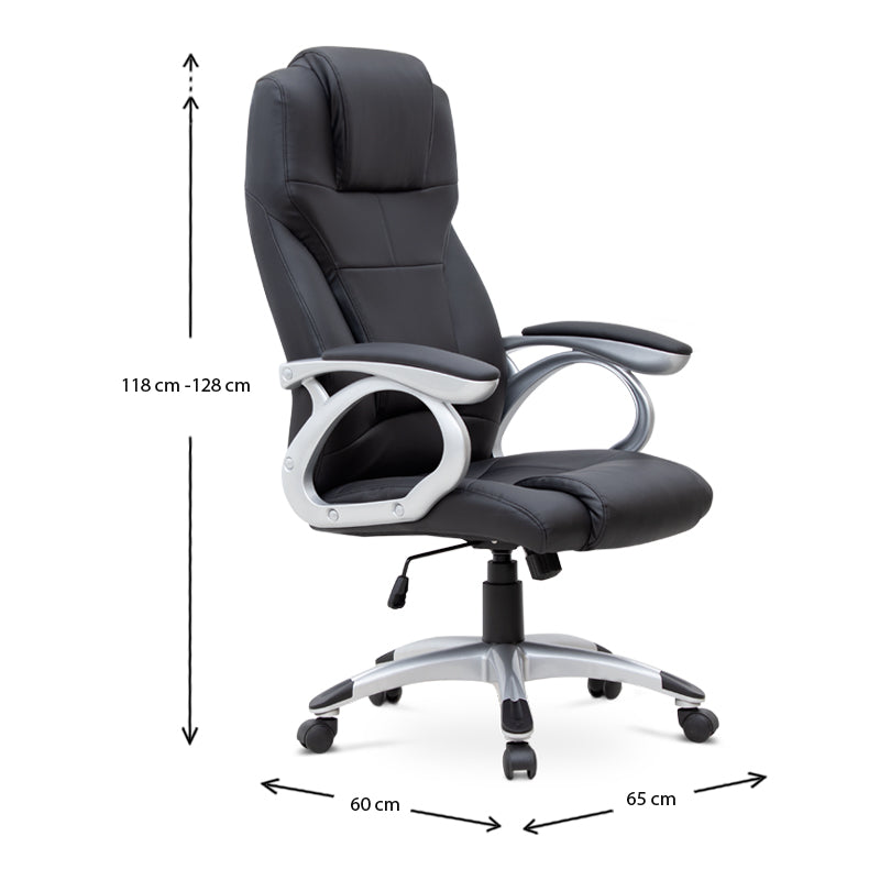 TAMISA Office Chair in black PU leather with adjustable height and chrome metal base, designed for comfort and style.