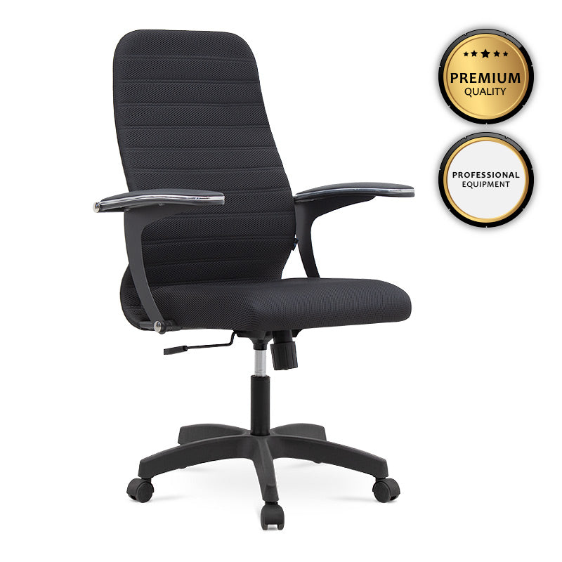 Office Chair TORINO in black with ergonomic design, chrome frame, and soft leather armrests, ideal for home and professional use.