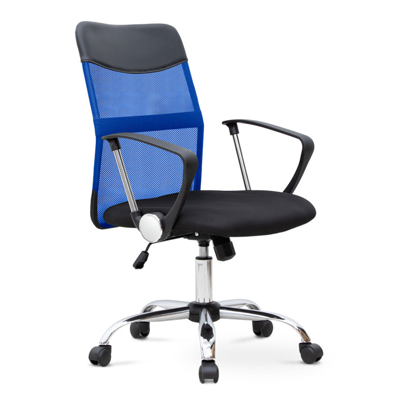 YANICK Blue-Black Office Chair with ergonomic design and mesh fabric, featuring adjustable height and 360-degree swivel wheels.