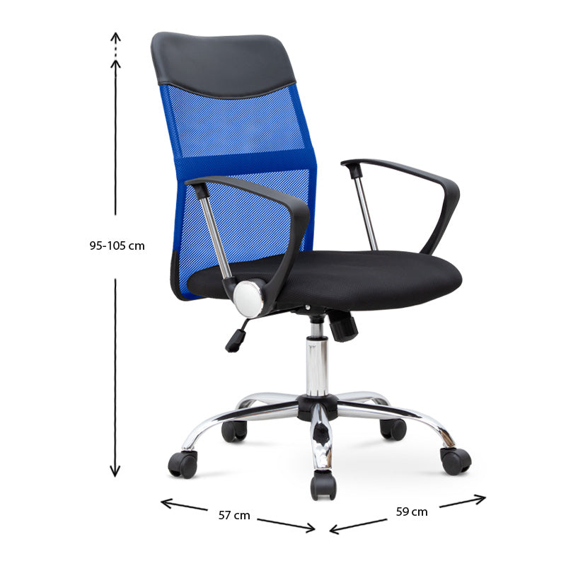 YANICK Blue-Black Office Chair with ergonomic design and mesh fabric, featuring adjustable height and 360-degree swivel wheels.