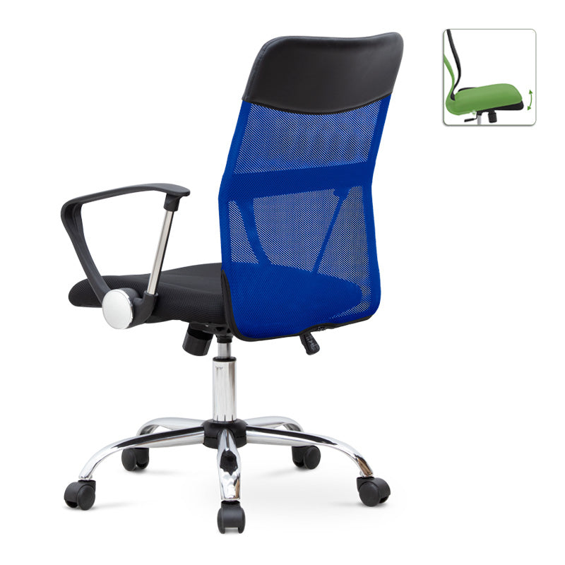 YANICK Blue-Black Office Chair with ergonomic design and mesh fabric, featuring adjustable height and 360-degree swivel wheels.