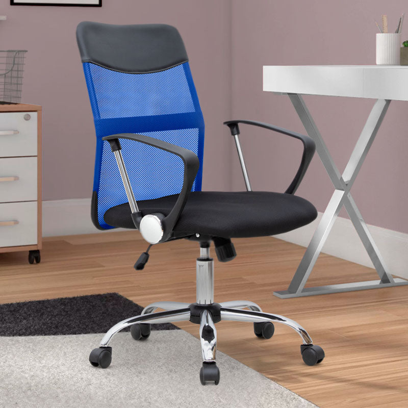 YANICK Blue-Black Office Chair with ergonomic design and mesh fabric, featuring adjustable height and 360-degree swivel wheels.