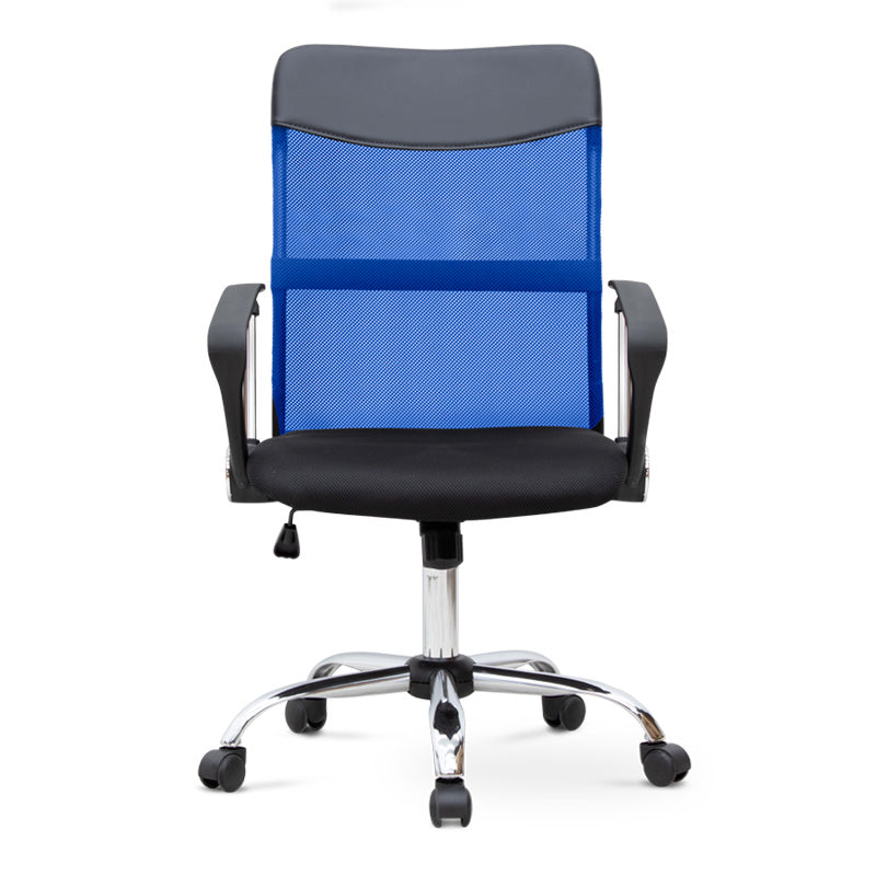 YANICK Blue-Black Office Chair with ergonomic design and mesh fabric, featuring adjustable height and 360-degree swivel wheels.