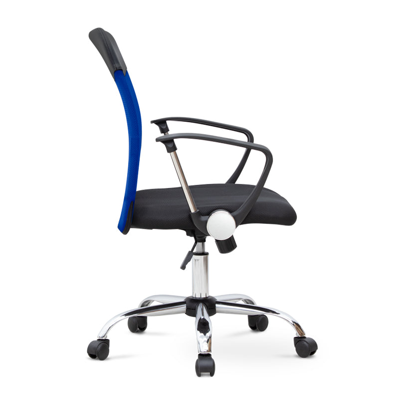 YANICK Blue-Black Office Chair with ergonomic design and mesh fabric, featuring adjustable height and 360-degree swivel wheels.