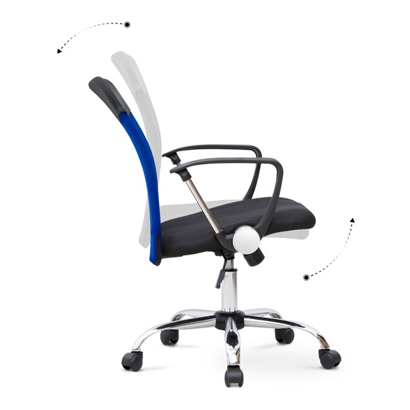 YANICK Blue-Black Office Chair with ergonomic design and mesh fabric, featuring adjustable height and 360-degree swivel wheels.