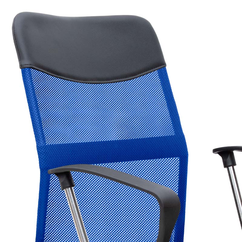 YANICK Blue-Black Office Chair with ergonomic design and mesh fabric, featuring adjustable height and 360-degree swivel wheels.