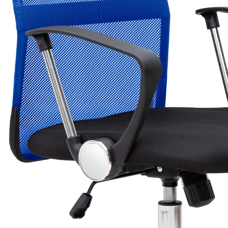 YANICK Blue-Black Office Chair with ergonomic design and mesh fabric, featuring adjustable height and 360-degree swivel wheels.