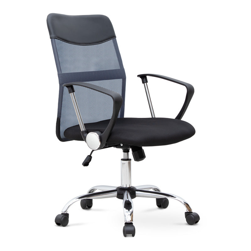 YANICK Grey-Black Office Chair with ergonomic design and mesh fabric, featuring adjustable height and 360-degree swivel functionality.