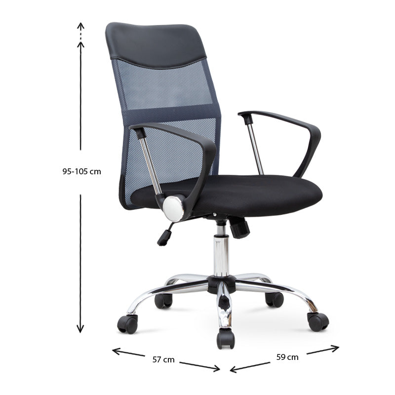 YANICK Grey-Black Office Chair with ergonomic design and mesh fabric, featuring adjustable height and 360-degree swivel functionality.