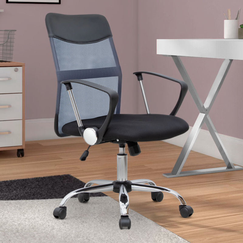 YANICK Grey-Black Office Chair with ergonomic design and mesh fabric, featuring adjustable height and 360-degree swivel functionality.