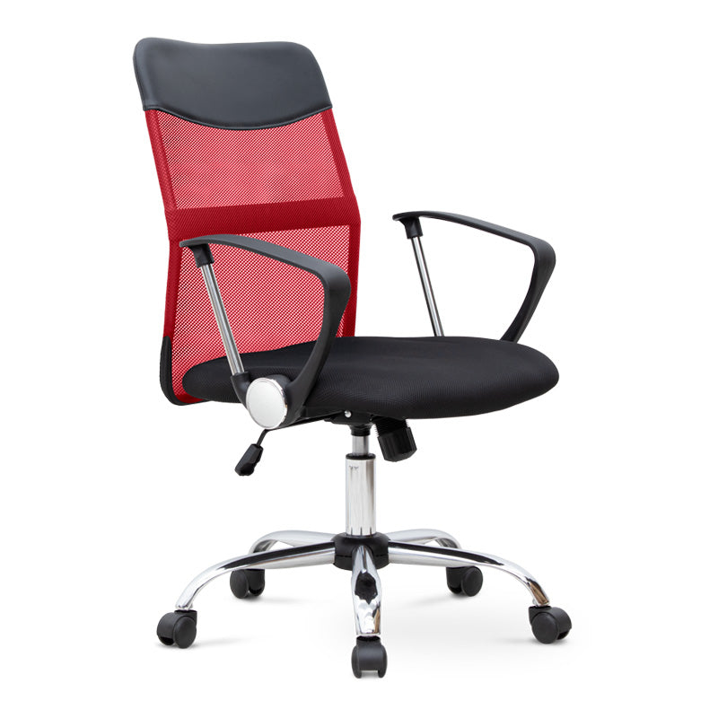 YANICK Office Chair in red and black with ergonomic design and mesh fabric, featuring adjustable height and 360-degree swivel.