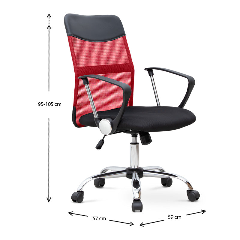 YANICK Office Chair in red and black with ergonomic design and mesh fabric, featuring adjustable height and 360-degree swivel.