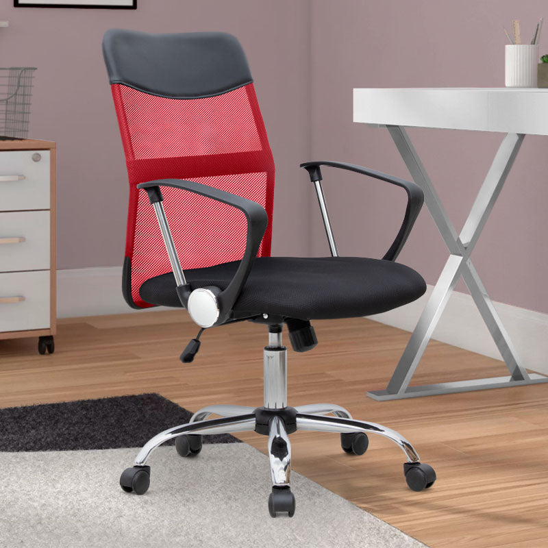 YANICK Office Chair in red and black with ergonomic design and mesh fabric, featuring adjustable height and 360-degree swivel.