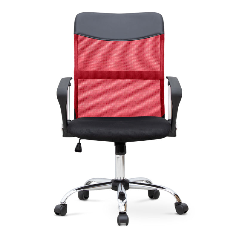 YANICK Office Chair in red and black with ergonomic design and mesh fabric, featuring adjustable height and 360-degree swivel.