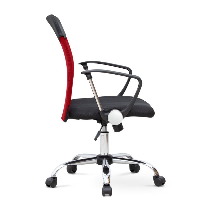 YANICK Office Chair in red and black with ergonomic design and mesh fabric, featuring adjustable height and 360-degree swivel.