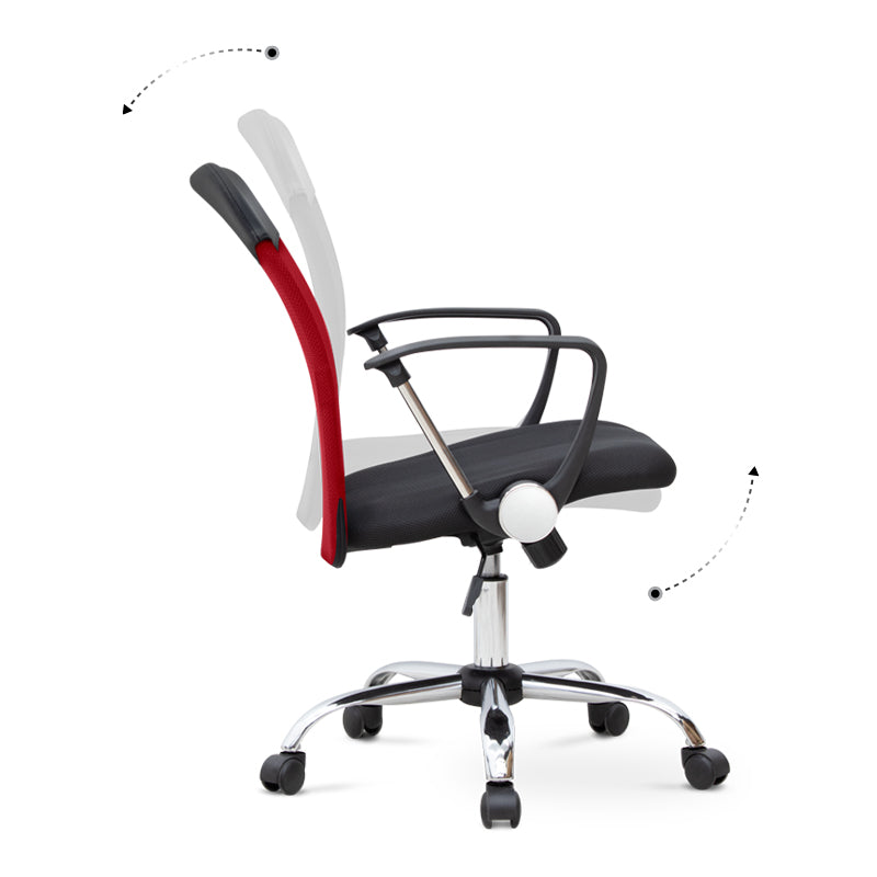 YANICK Office Chair in red and black with ergonomic design and mesh fabric, featuring adjustable height and 360-degree swivel.