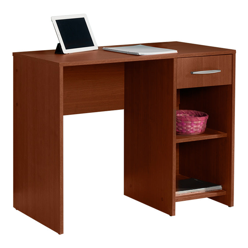 Office desk CLAUDIA in walnut color with two shelves and a drawer, showcasing its modern design and compact dimensions.