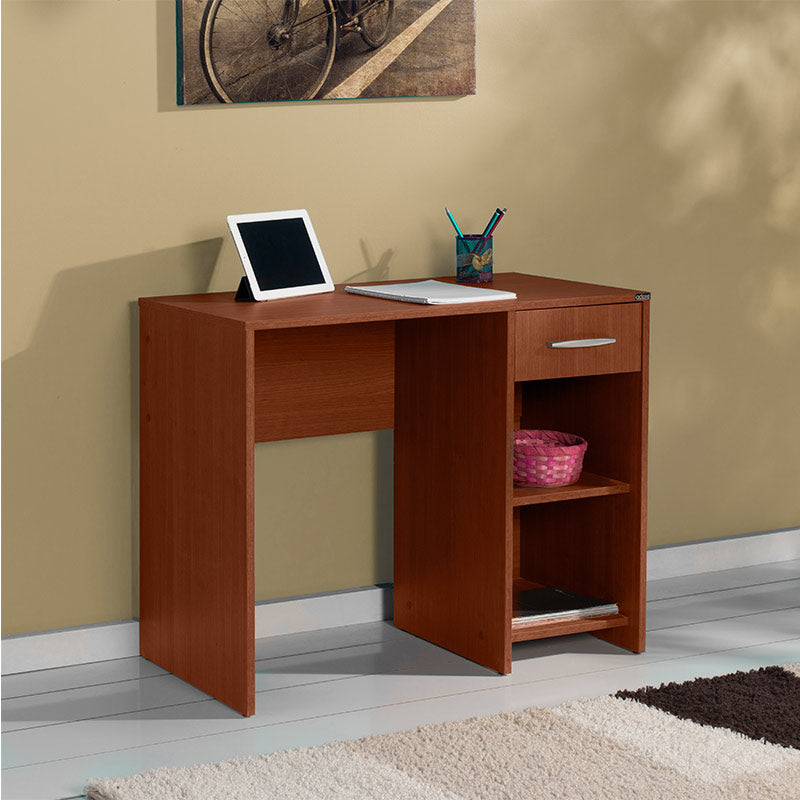 Office desk CLAUDIA in walnut color with two shelves and a drawer, showcasing its modern design and compact dimensions.