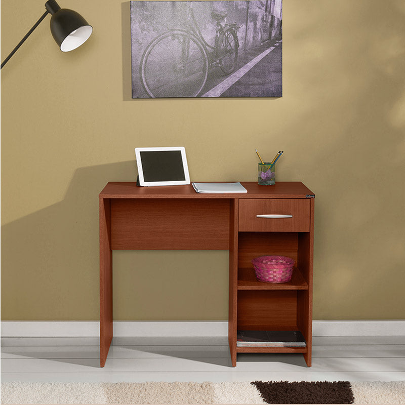 Office desk CLAUDIA in walnut color with two shelves and a drawer, showcasing its modern design and compact dimensions.