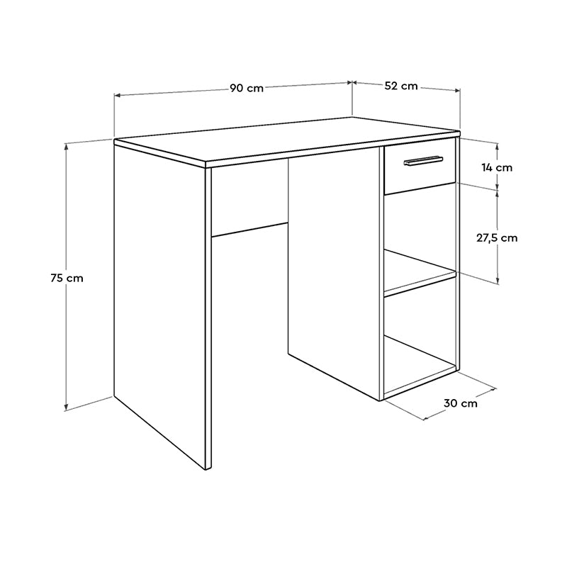 Office desk CLAUDIA in walnut color with two shelves and a drawer, showcasing its modern design and compact dimensions.