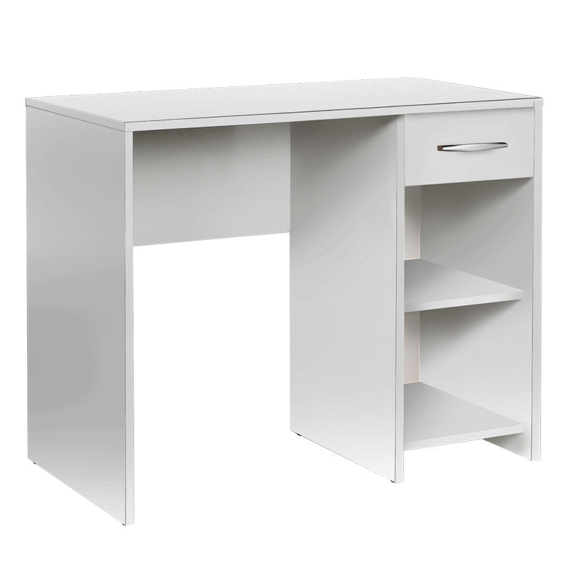 Office CLAUDIA White Desk with two shelves and a drawer, showcasing its sleek design and compact dimensions.