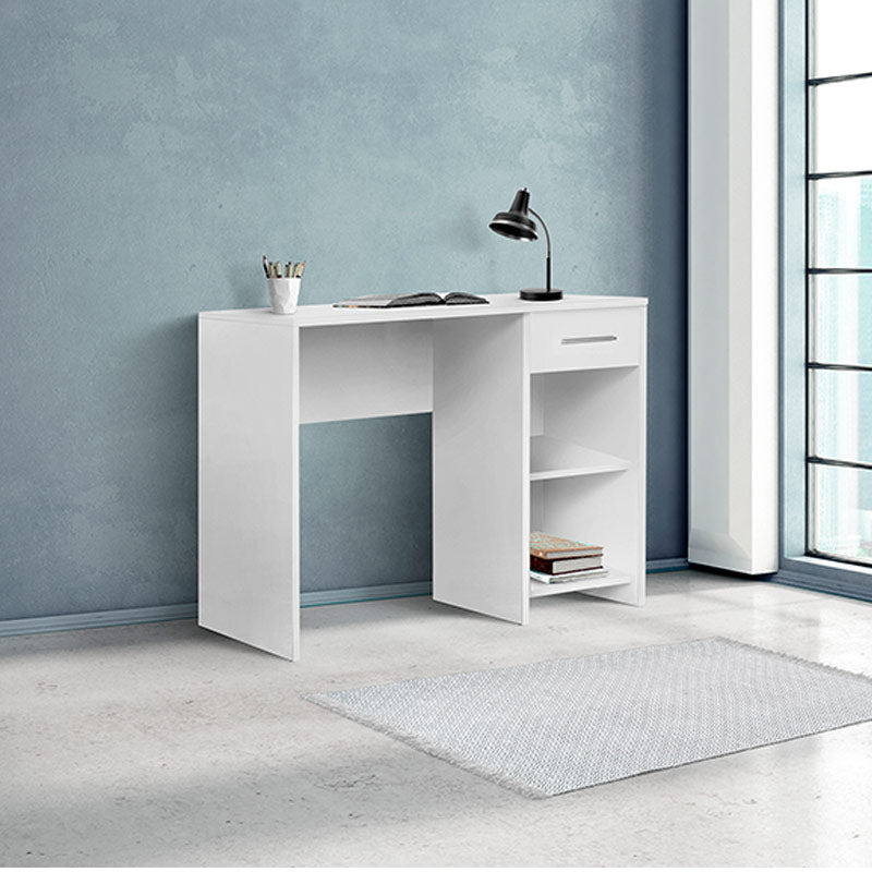 Office CLAUDIA White Desk with two shelves and a drawer, showcasing its sleek design and compact dimensions.