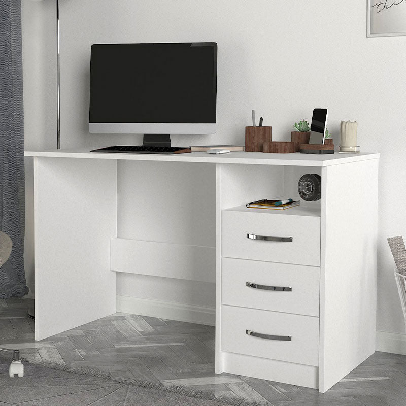 CAMINO White Office Desk with three drawers and shelf, dimensions 120x60x75cm, made of durable melamine and particleboard.