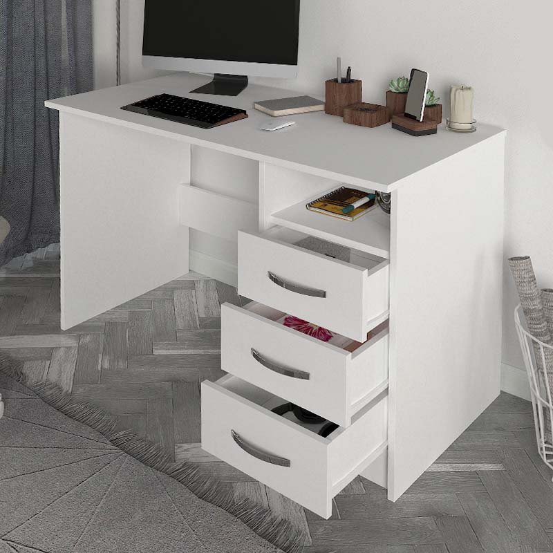 CAMINO White Office Desk with three drawers and shelf, dimensions 120x60x75cm, made of durable melamine and particleboard.