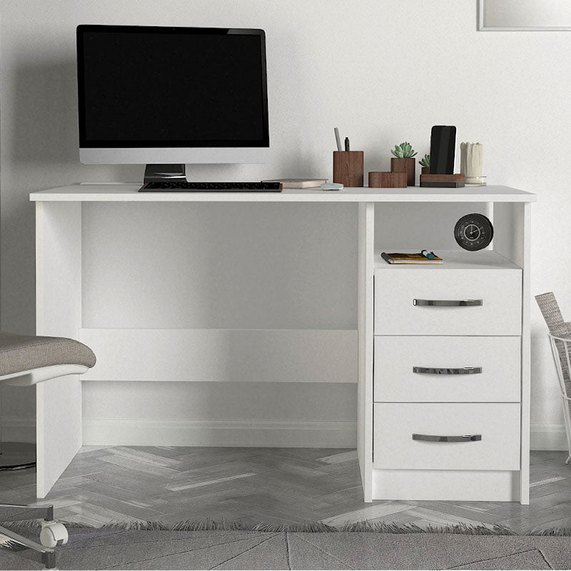 CAMINO White Office Desk with three drawers and shelf, dimensions 120x60x75cm, made of durable melamine and particleboard.