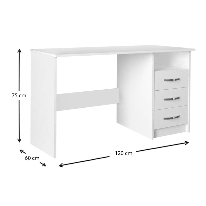 CAMINO White Office Desk with three drawers and shelf, dimensions 120x60x75cm, made of durable melamine and particleboard.