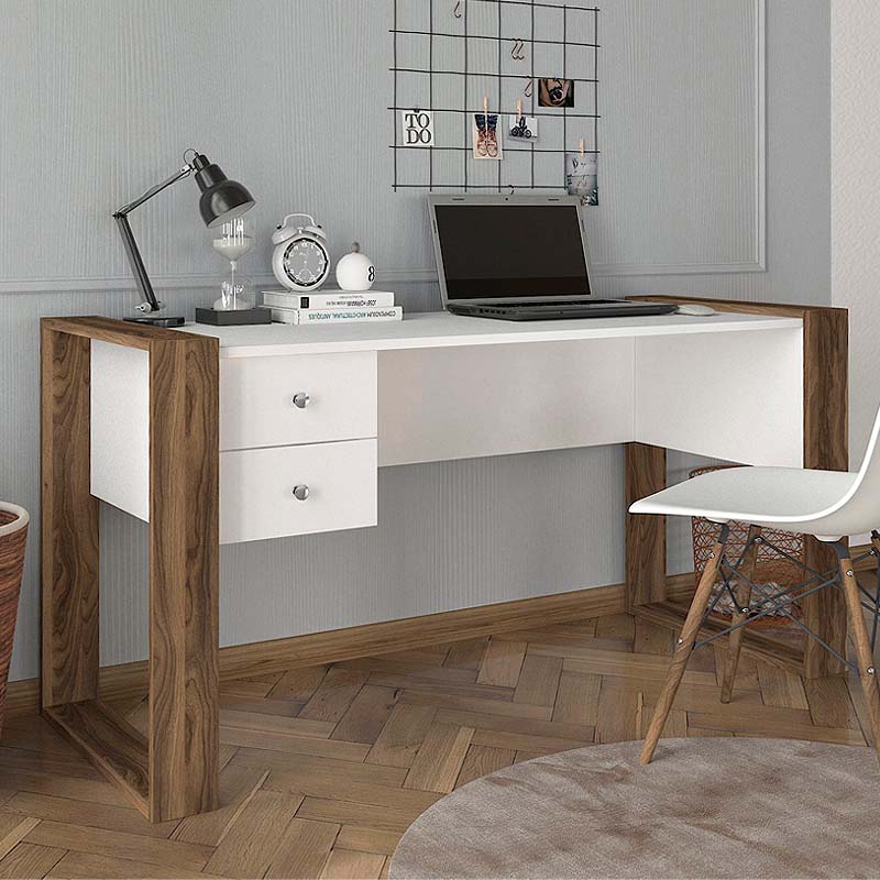 Office Desk DOLORES in white and walnut finish, showcasing its sleek design and spacious surface.