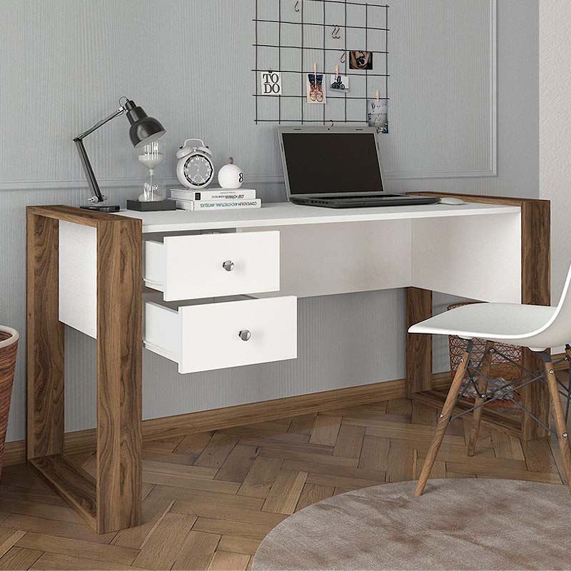 Office Desk DOLORES in white and walnut finish, showcasing its sleek design and spacious surface.