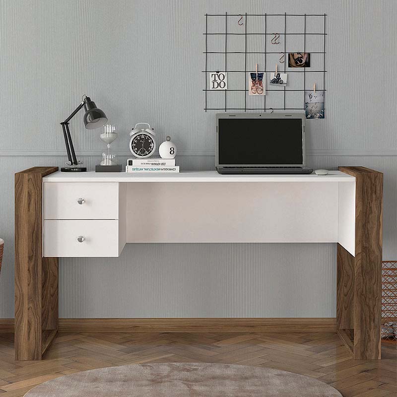 Office Desk DOLORES in white and walnut finish, showcasing its sleek design and spacious surface.