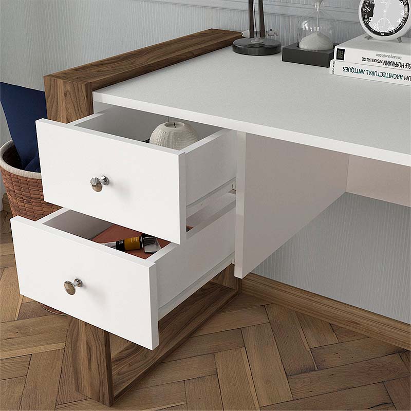 Office Desk DOLORES in white and walnut finish, showcasing its sleek design and spacious surface.