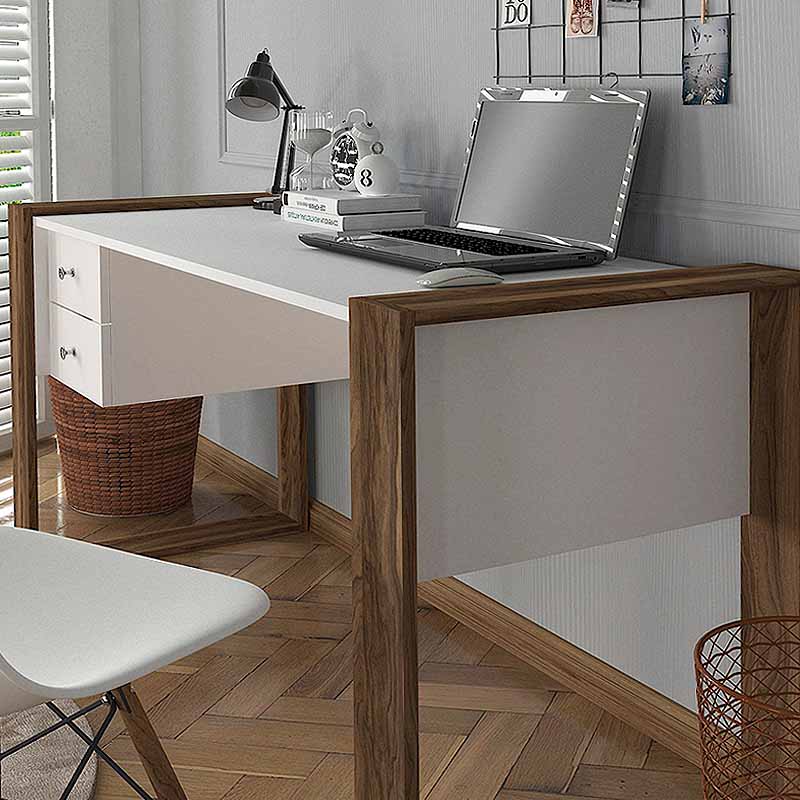 Office Desk DOLORES in white and walnut finish, showcasing its sleek design and spacious surface.