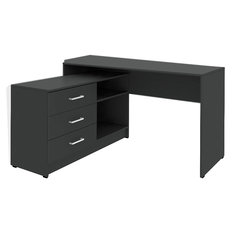 FOLDABLE Anthracite Office Desk with three drawers and two shelves, featuring a reversible design for corner placement.