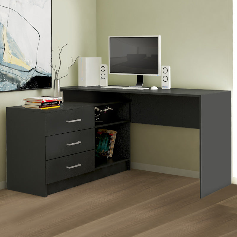 FOLDABLE Anthracite Office Desk with three drawers and two shelves, featuring a reversible design for corner placement.