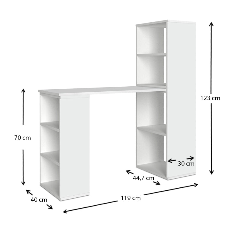 Office Desk GUSTAV in white, featuring a versatile design with dimensions 119x44.7x123 cm, suitable for home and office use.