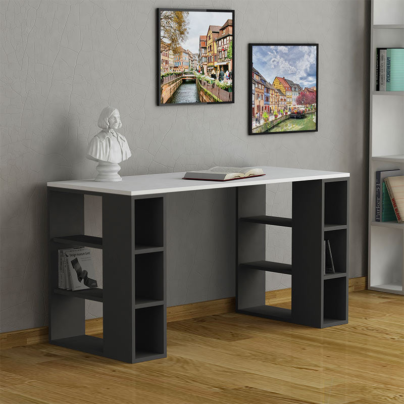 LEONY Office Desk in Anthracite-White with three shelves on each side, showcasing a modern design suitable for home and business use.