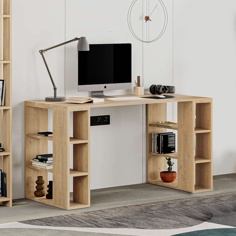 LEONY Office Desk in sapphire oak finish, featuring three shelves on each side and sturdy melamine construction.