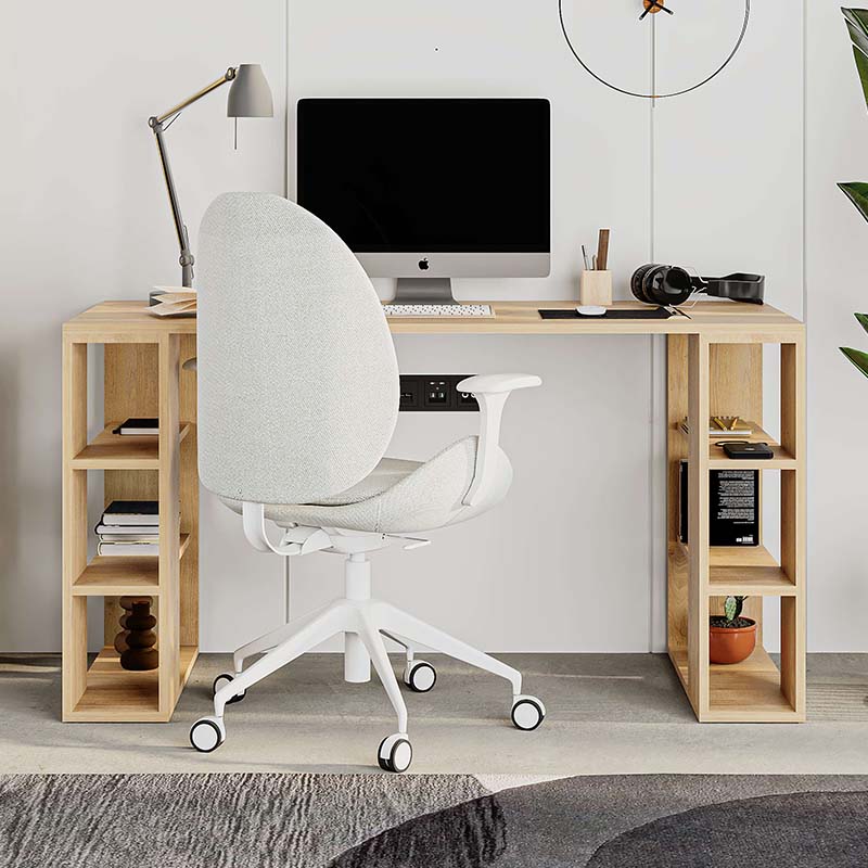 LEONY Office Desk in sapphire oak finish, featuring three shelves on each side and sturdy melamine construction.