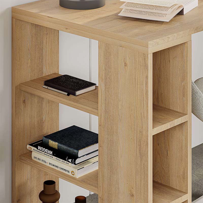 LEONY Office Desk in sapphire oak finish, featuring three shelves on each side and sturdy melamine construction.