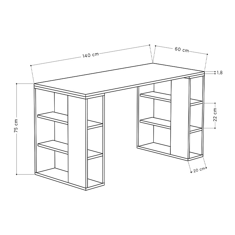 LEONY Office Desk in sapphire oak finish, featuring three shelves on each side and sturdy melamine construction.