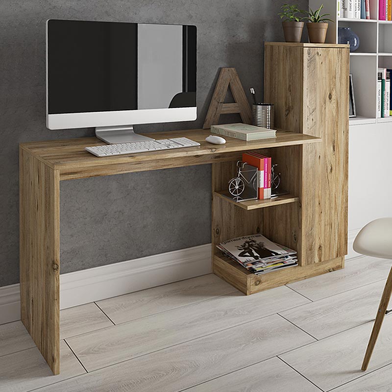 TAURUS Office Desk in Atlantic Pine, featuring a spacious design with built-in cupboard and shelves, perfect for home or office use.