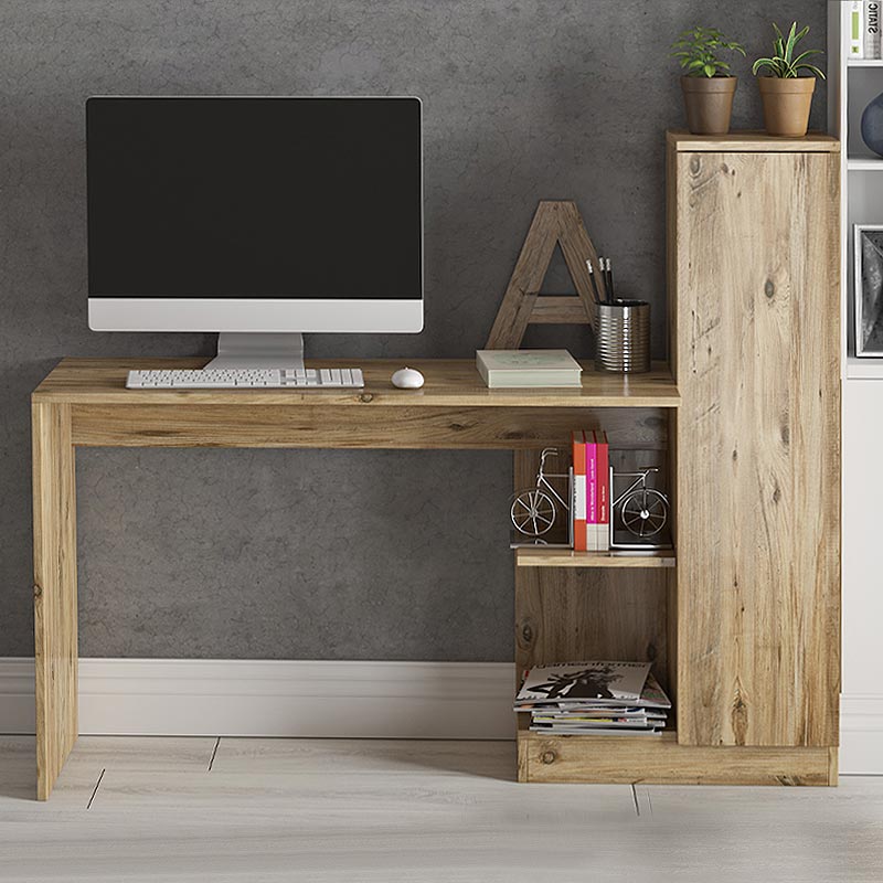 TAURUS Office Desk in Atlantic Pine, featuring a spacious design with built-in cupboard and shelves, perfect for home or office use.